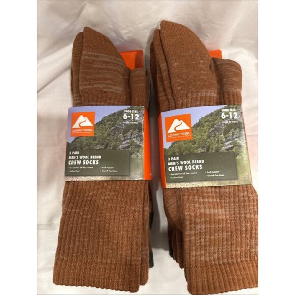 3 Pairs Ozark Trail Crew Socks Arch Support Wool Blend Brown Men's Size 6-12 x 2
